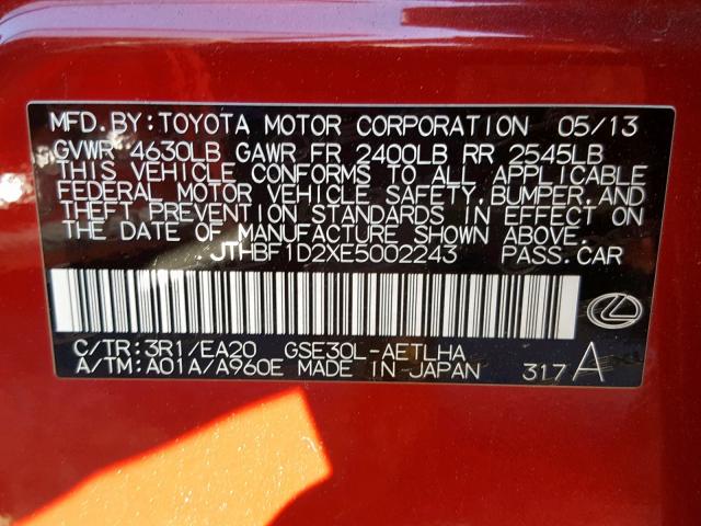 JTHBF1D2XE5002243 - 2014 LEXUS IS 250 RED photo 10