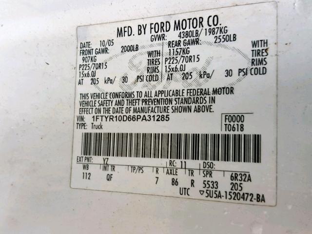 1FTYR10D66PA31285 - 2006 FORD RANGER WHITE photo 10