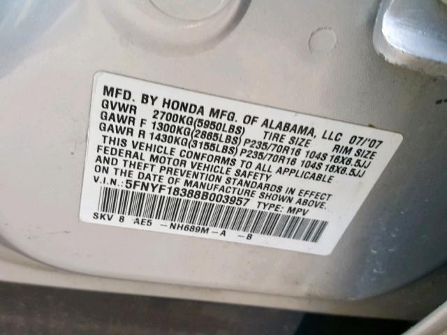 5FNYF18388B003957 - 2008 HONDA PILOT SE SILVER photo 10