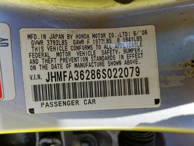 JHMFA36286S022079 - 2006 HONDA CIVIC HYBRID  photo 10