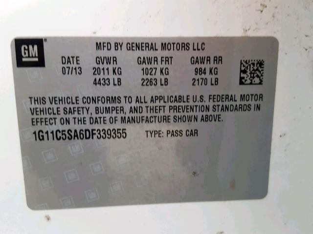 1G11C5SA6DF339355 - 2013 CHEVROLET MALIBU 1LT 白色 照片 10