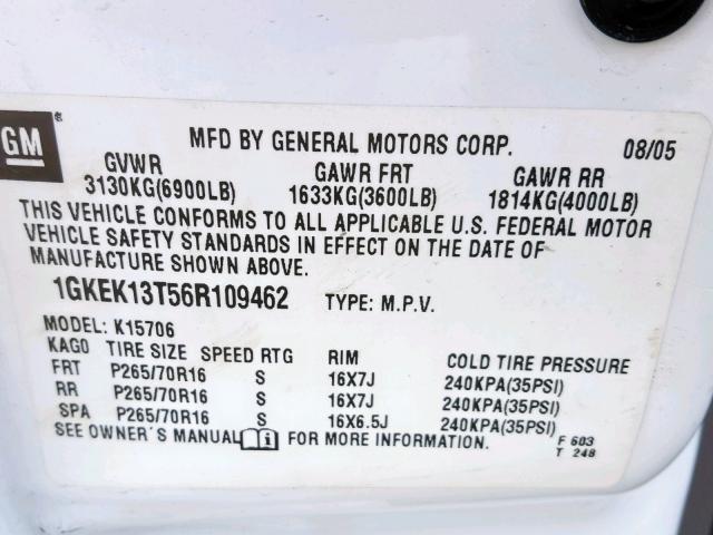 1GKEK13T56R109462 - 2006 GMC YUKON WHITE photo 10