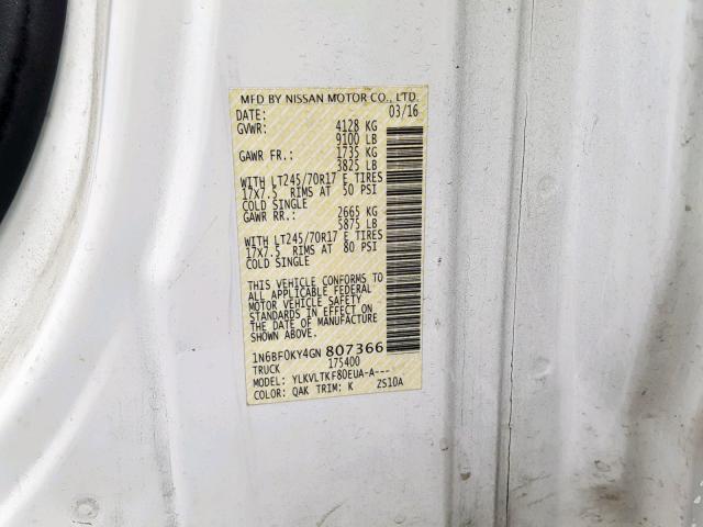 1N6BF0KY4GN807366 - 2016 NISSAN NV 1500 S WHITE photo 10