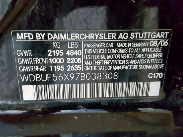 WDBUF56X97B038308 - 2007 MERCEDES-BENZ E 350 BLACK photo 10