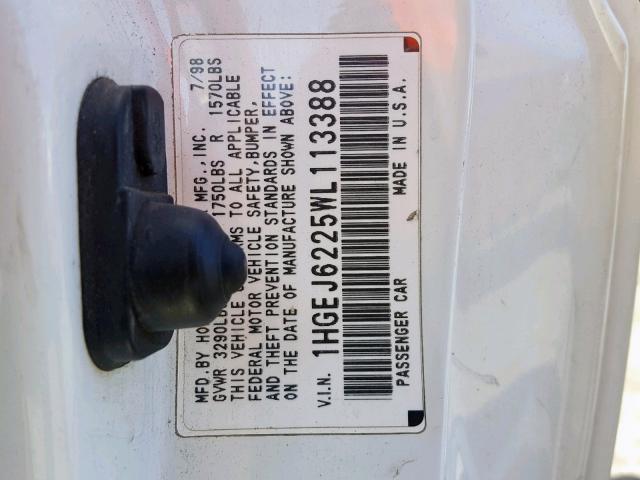 1HGEJ6225WL113388 - 1998 HONDA CIVIC DX WHITE photo 10