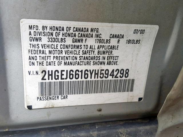 2HGEJ6616YH594298 - 2000 HONDA CIVIC BASE GRAY photo 10