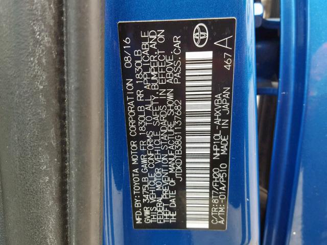 JTDKDTB38G1137682 - 2016 TOYOTA PRIUS C BLUE photo 10