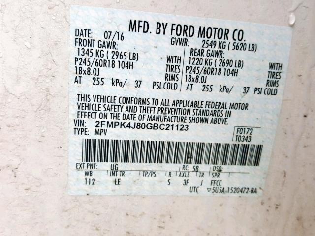 2FMPK4J80GBC21123 - 2016 FORD EDGE SEL WHITE photo 10