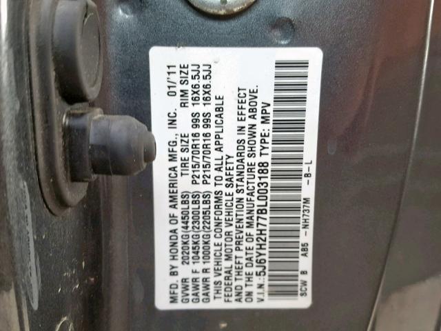 5J6YH2H77BL003188 - 2011 HONDA ELEMENT EX GRAY photo 10