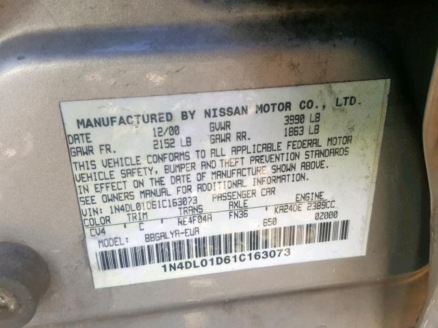 1N4DL01D61C163073 - 2001 NISSAN ALTIMA XE TAN photo 10