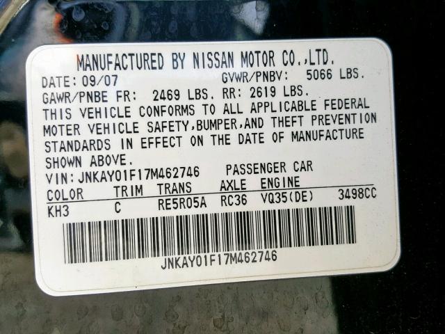 JNKAY01F17M462746 - 2007 INFINITI M35 BASE BLACK photo 10