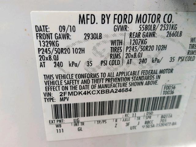 2FMDK4KCXBBA24684 - 2011 FORD EDGE LIMIT WHITE photo 10