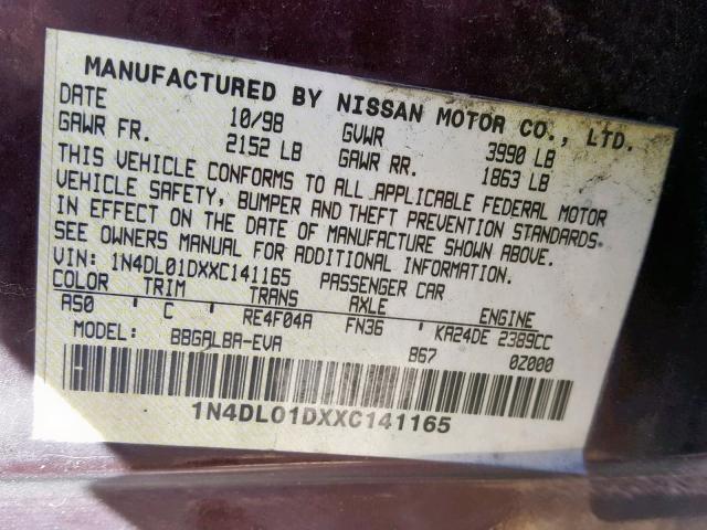 1N4DL01DXXC141165 - 1999 NISSAN ALTIMA XE PURPLE photo 10