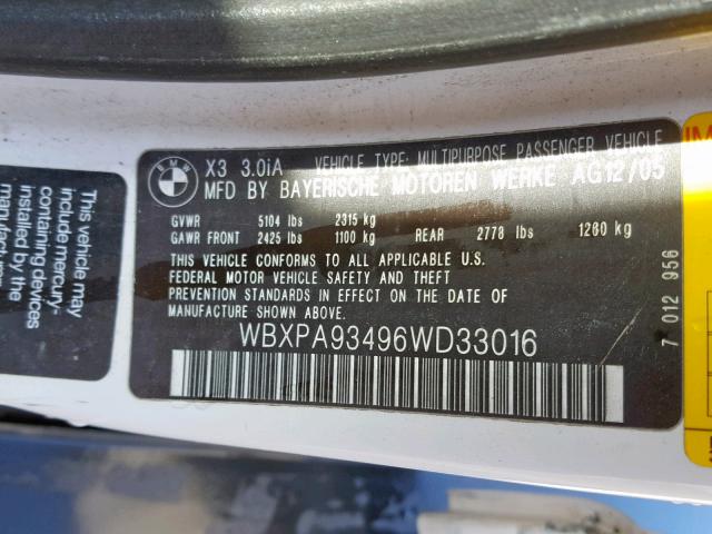 WBXPA93496WD33016 - 2006 BMW X3 3.0I WHITE photo 10