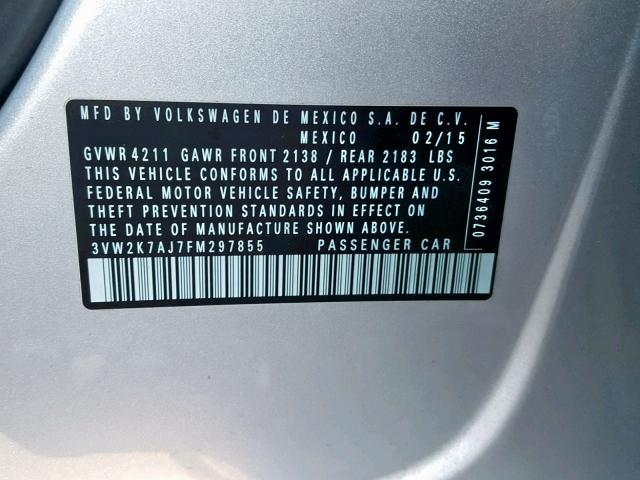 3VW2K7AJ7FM297855 - 2015 VOLKSWAGEN JETTA BASE 银色 照片 10