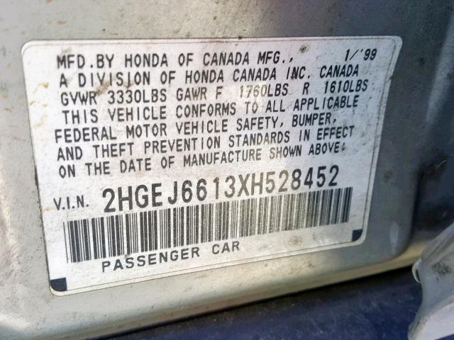 2HGEJ6613XH528452 - 1999 HONDA CIVIC BASE SILVER photo 10