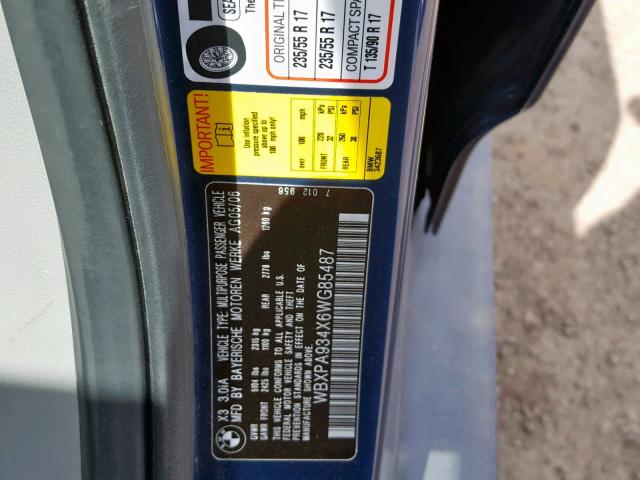 WBXPA934X6WG85487 - 2006 BMW X3 3.0I BLUE photo 10