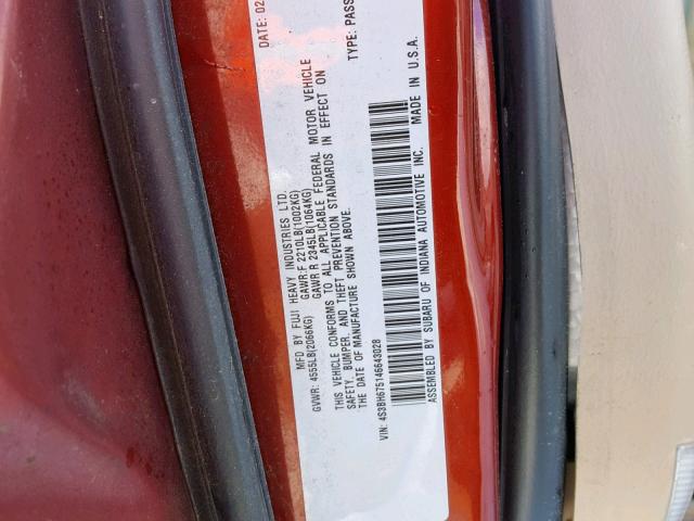 4S3BH675146643028 - 2004 SUBARU LEGACY OUT RED photo 10