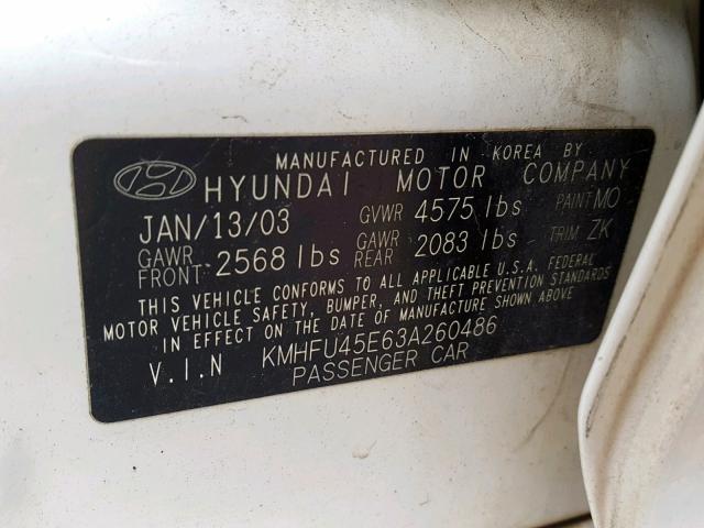 KMHFU45E63A260486 - 2003 HYUNDAI XG 350 WHITE photo 10