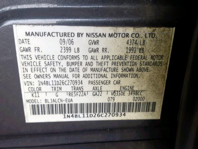 1N4BL11D26C270934 - 2006 NISSAN ALTIMA SE CHARCOAL photo 10