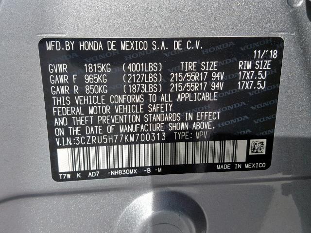 3CZRU5H77KM700313 - 2019 HONDA HR-V EXL SILVER photo 10