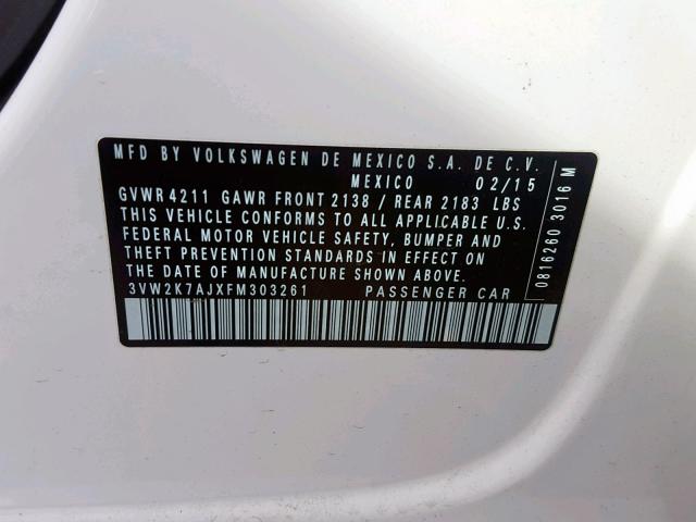3VW2K7AJXFM303261 - 2015 VOLKSWAGEN JETTA BASE WHITE photo 10