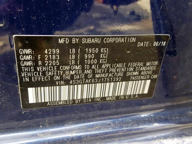 4S3GTAK63J1751392 - 2018 SUBARU IMPREZA SP BLUE photo 10