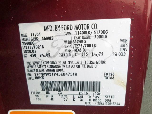 1FTWW31P45EB47518 - 2005 FORD F350 SRW SUPER DUTY  photo 10