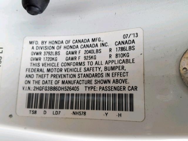 2HGFG3B86DH526405 - 2013 HONDA CIVIC EX WHITE photo 10