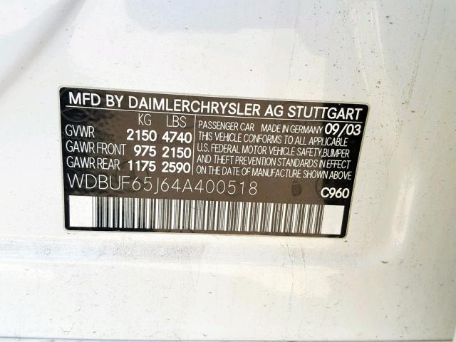 WDBUF65J64A400518 - 2004 MERCEDES-BENZ E 320 WHITE photo 10