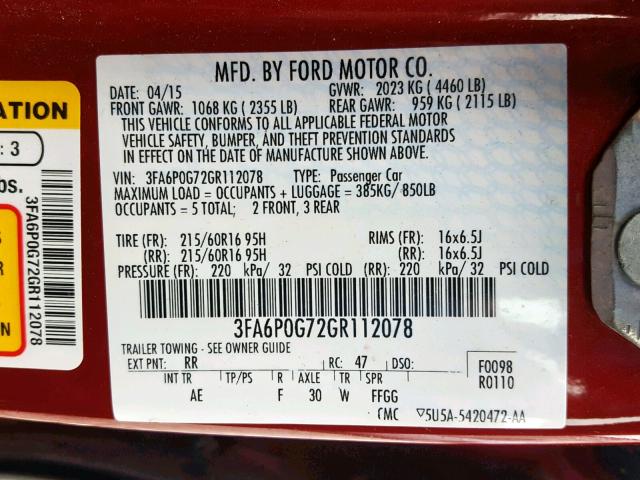 3FA6P0G72GR112078 - 2016 FORD FUSION S MAROON photo 10