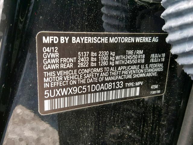 5UXWX9C51D0A08133 - 2013 BMW X3 XDRIVE2 BLACK photo 10