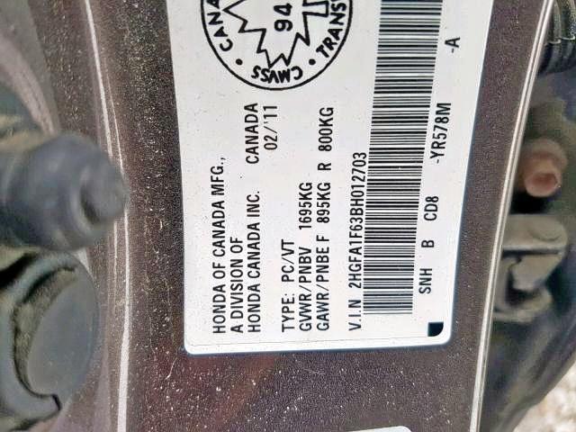 2HGFA1F63BH012703 - 2011 HONDA CIVIC LX-S Grau Foto 9