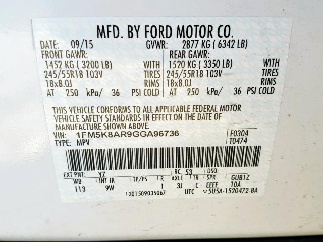 1FM5K8AR9GGA96736 - 2016 FORD EXPLORER P WHITE photo 10