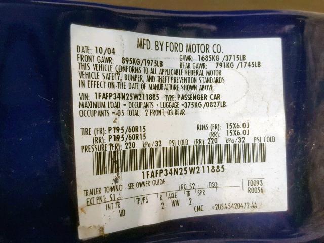 1FAFP34N25W211885 - 2005 FORD FOCUS ZX4 BLUE photo 10