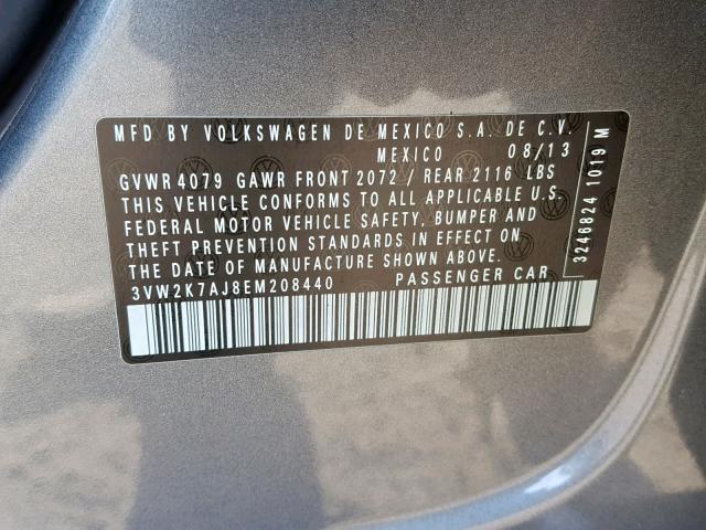 3VW2K7AJ8EM208440 - 2014 VOLKSWAGEN JETTA BASE GRAY photo 10