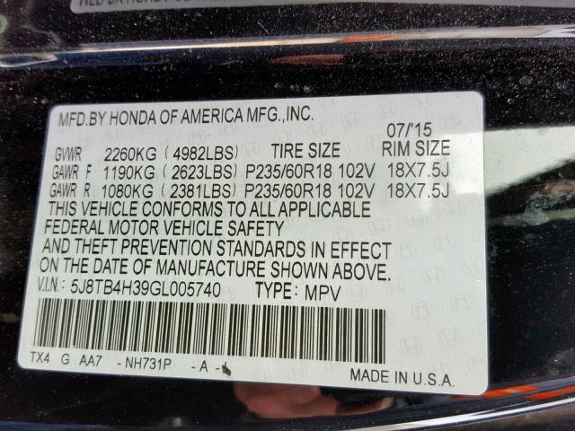 5J8TB4H39GL005740 - 2016 ACURA RDX BLACK photo 10