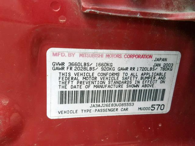 JA3AJ26E83U085553 - 2003 MITSUBISHI LANCER ES RED photo 10