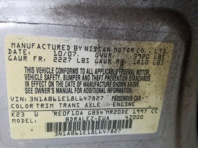 3N1AB61E18L647827 - 2008 NISSAN SENTRA 2.0 SILVER photo 10