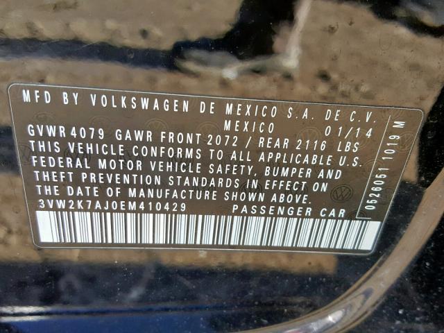 3VW2K7AJ0EM410429 - 2014 VOLKSWAGEN JETTA BASE BLACK photo 10