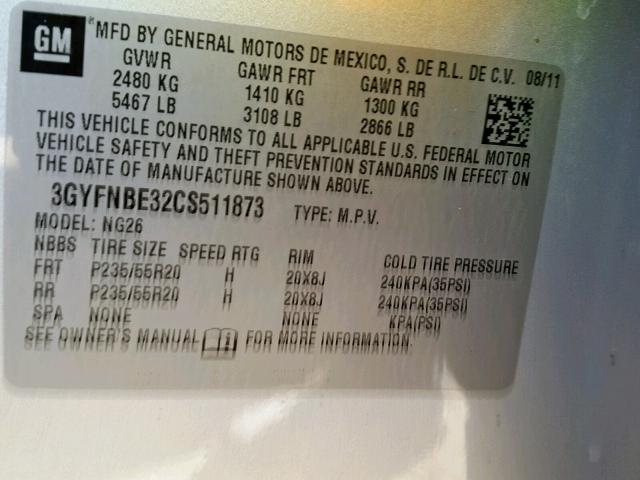 3GYFNBE32CS511873 - 2012 CADILLAC SRX PERFOR SILVER photo 10