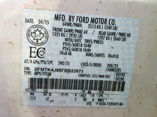 2FMTK4J95FBB23971 - 2015 FORD EDGE SEL WHITE photo 10