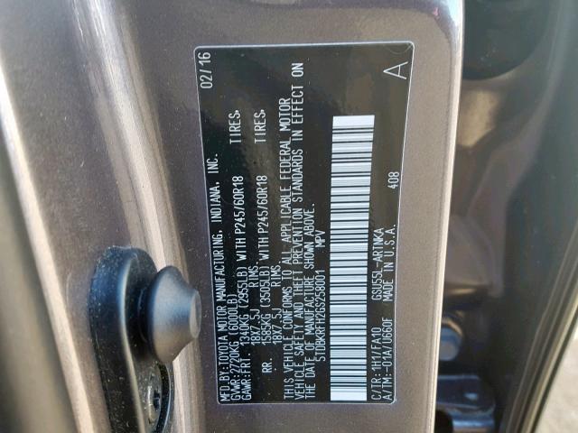 5TDBKRFH2GS258001 - 2016 TOYOTA HIGHLANDER GRAY photo 10