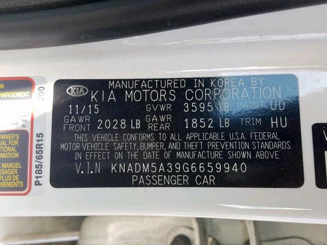 KNADM5A39G6659940 - 2016 KIA RIO LX WHITE photo 10