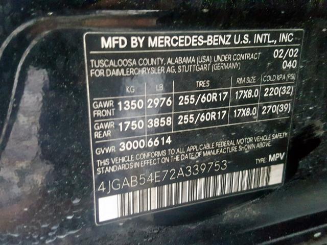 4JGAB54E72A339753 - 2002 MERCEDES-BENZ ML 320 BLACK photo 10