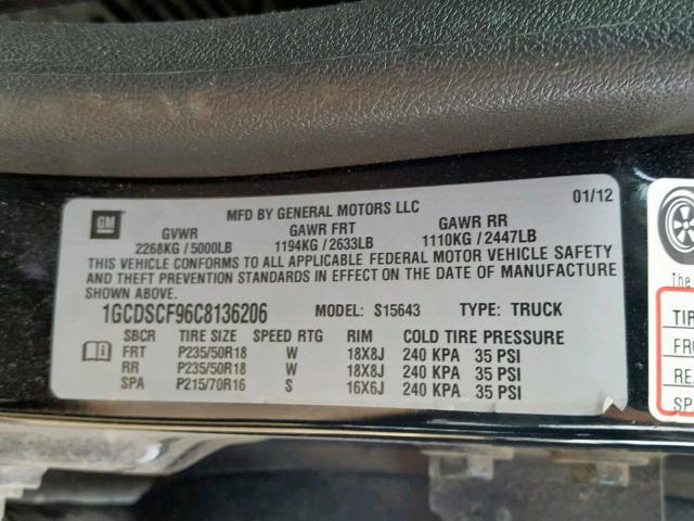 1GCDSCF96C8136206 - 2012 CHEVROLET COLORADO L BLACK photo 10