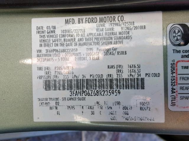 3FAHP06Z68R235959 - 2008 FORD FUSION S GREEN photo 10