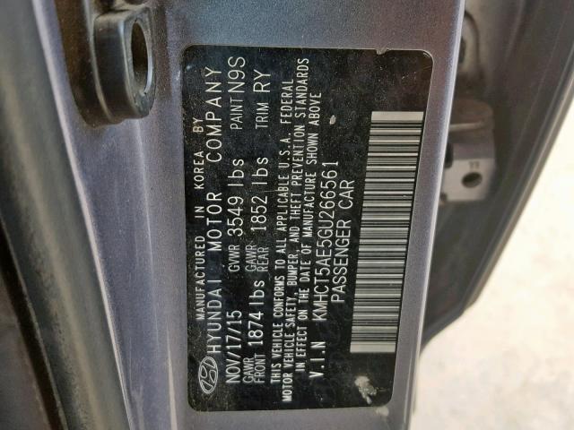 KMHCT5AE5GU266561 - 2016 HYUNDAI ACCENT SE GRAY photo 10