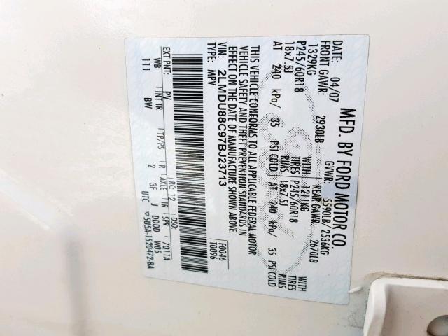 2LMDU88C97BJ23713 - 2007 LINCOLN MKX WHITE photo 10