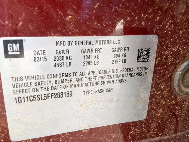 1G11C5SL5FF288189 - 2015 CHEVROLET MALIBU 1LT 红色 照片 10